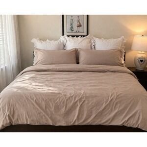 Casper Full Queen Duvet Cover White 100% Cotton Percale Bedding Sand Tan Modern